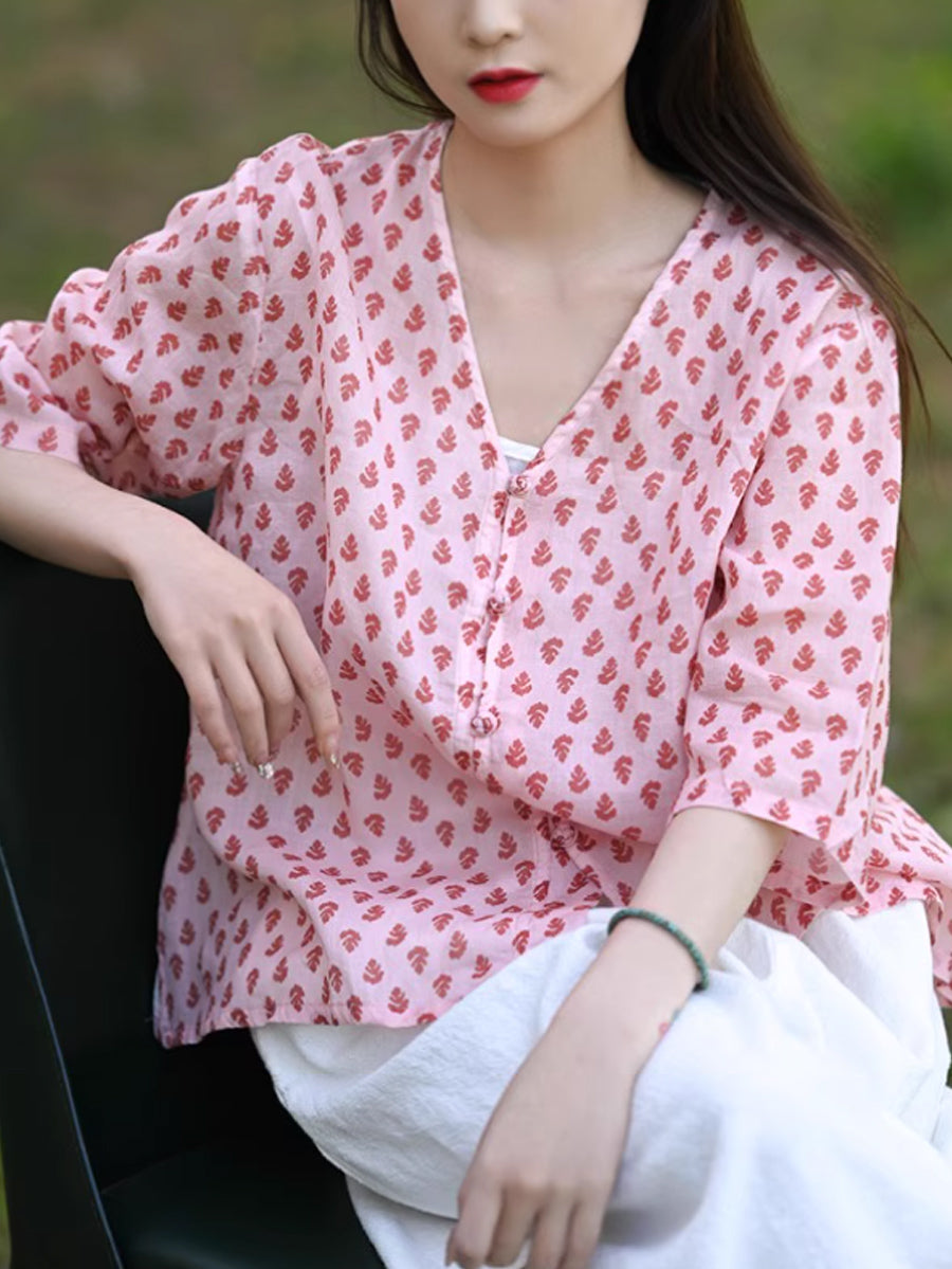 Floral Summer 100%Ramie Shirt Vintage V-Neck Women FashionChic