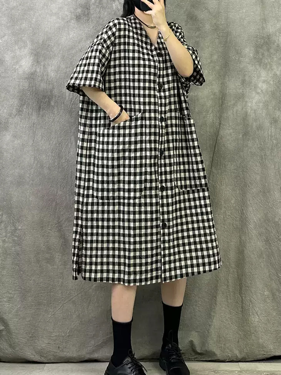 Summer V-Neck Dress Women Plaid Vintage FashionChic