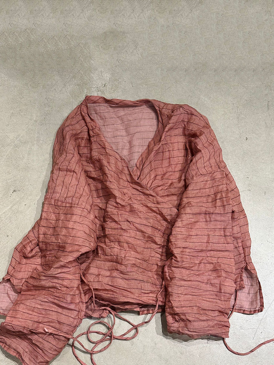 Vintage Shirt Stripe Floral Summer V-Neck Women Ramie FashionChic