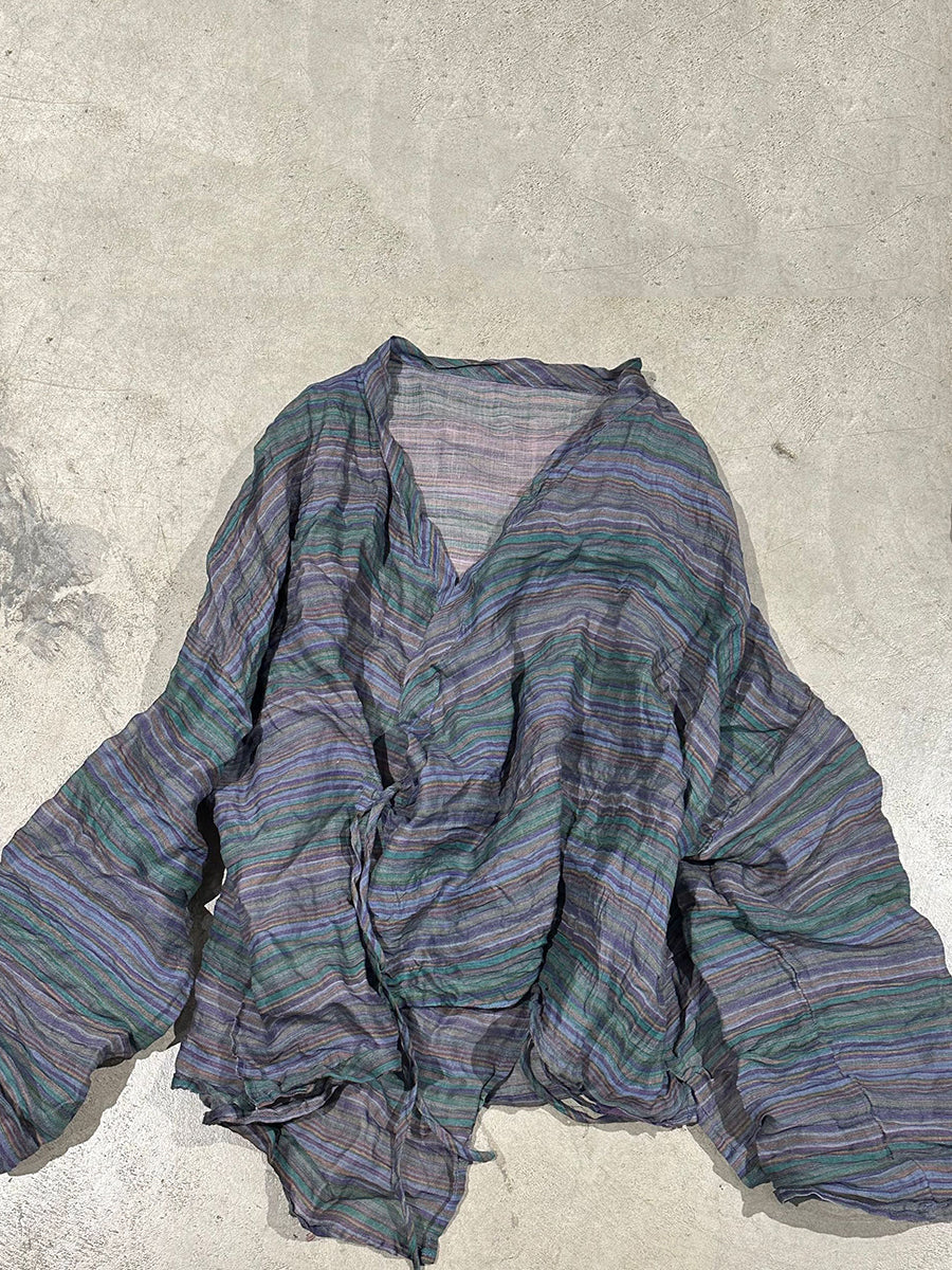 Vintage Shirt Stripe Floral Summer V-Neck Women Ramie FashionChic