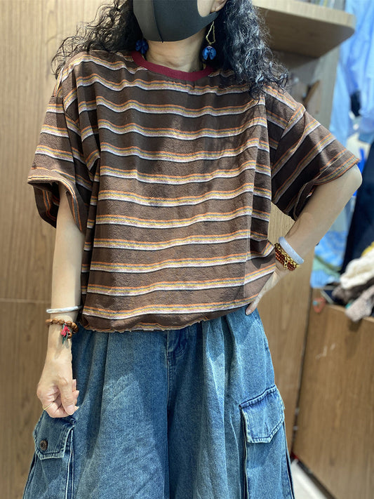 Women Cotton Stripe Retro O-Neck Summer Shirt FashionChic