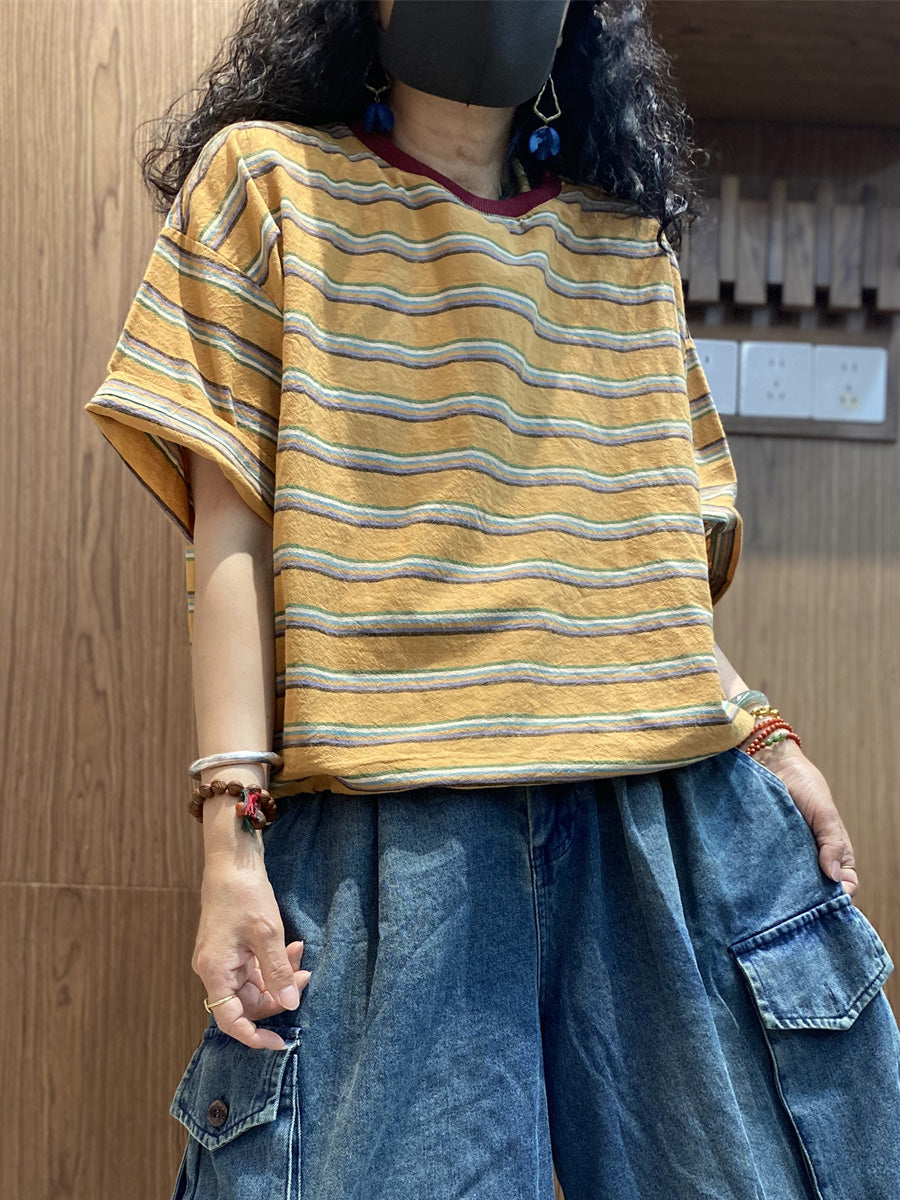 Women Cotton Stripe Retro O-Neck Summer Shirt FashionChic