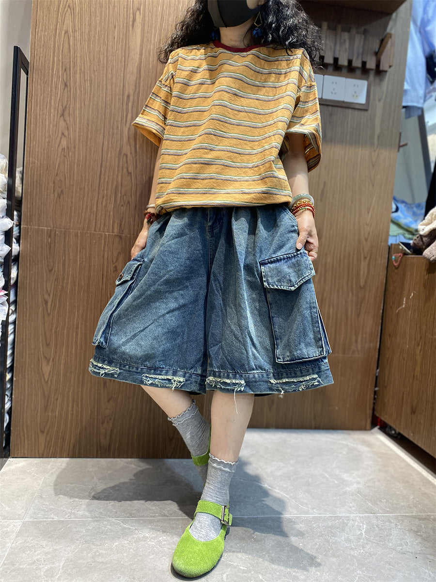Women Cotton Stripe Retro O-Neck Summer Shirt FashionChic