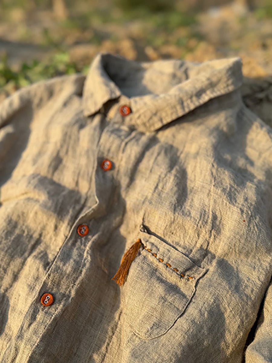 Summer Women Pure Turn-down Linen Color Retro Collar Shirt FashionChic