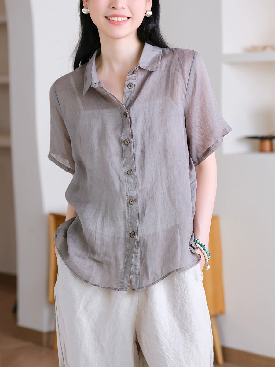 Collar Turn-down Summer Women Shirt Color Pure 100%Ramie FashionChic