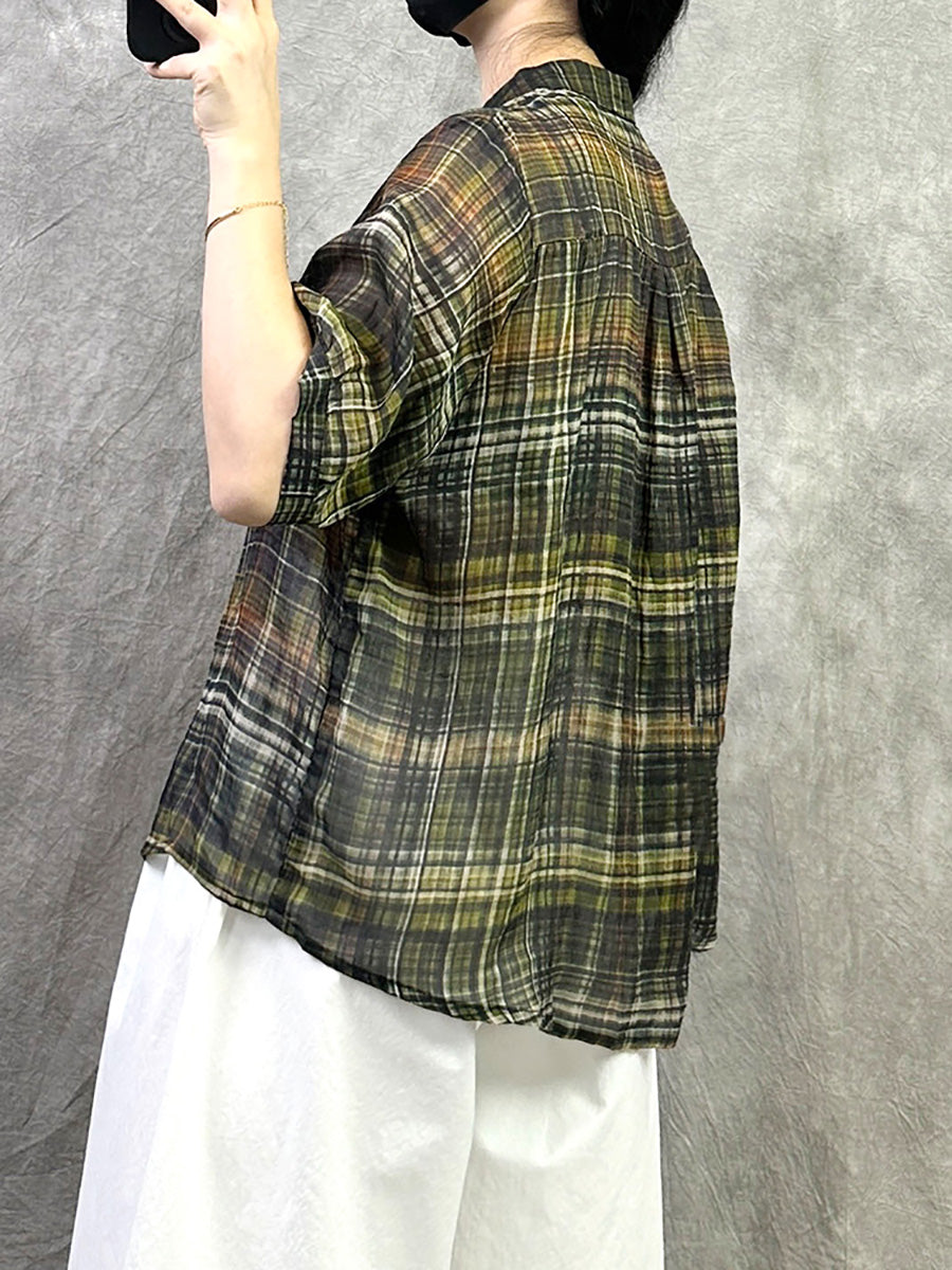 Retro Shirt Women Summer V-Neck Plaid Ramie FashionChic