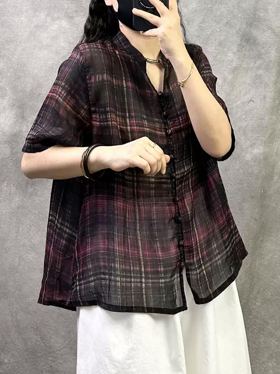 Retro Shirt Women Summer V-Neck Plaid Ramie FashionChic
