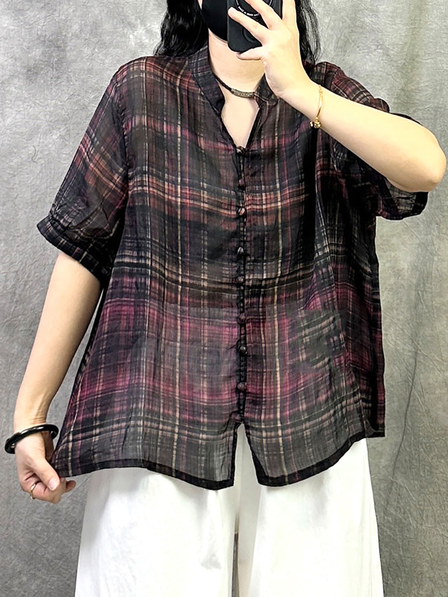 Retro Shirt Women Summer V-Neck Plaid Ramie FashionChic
