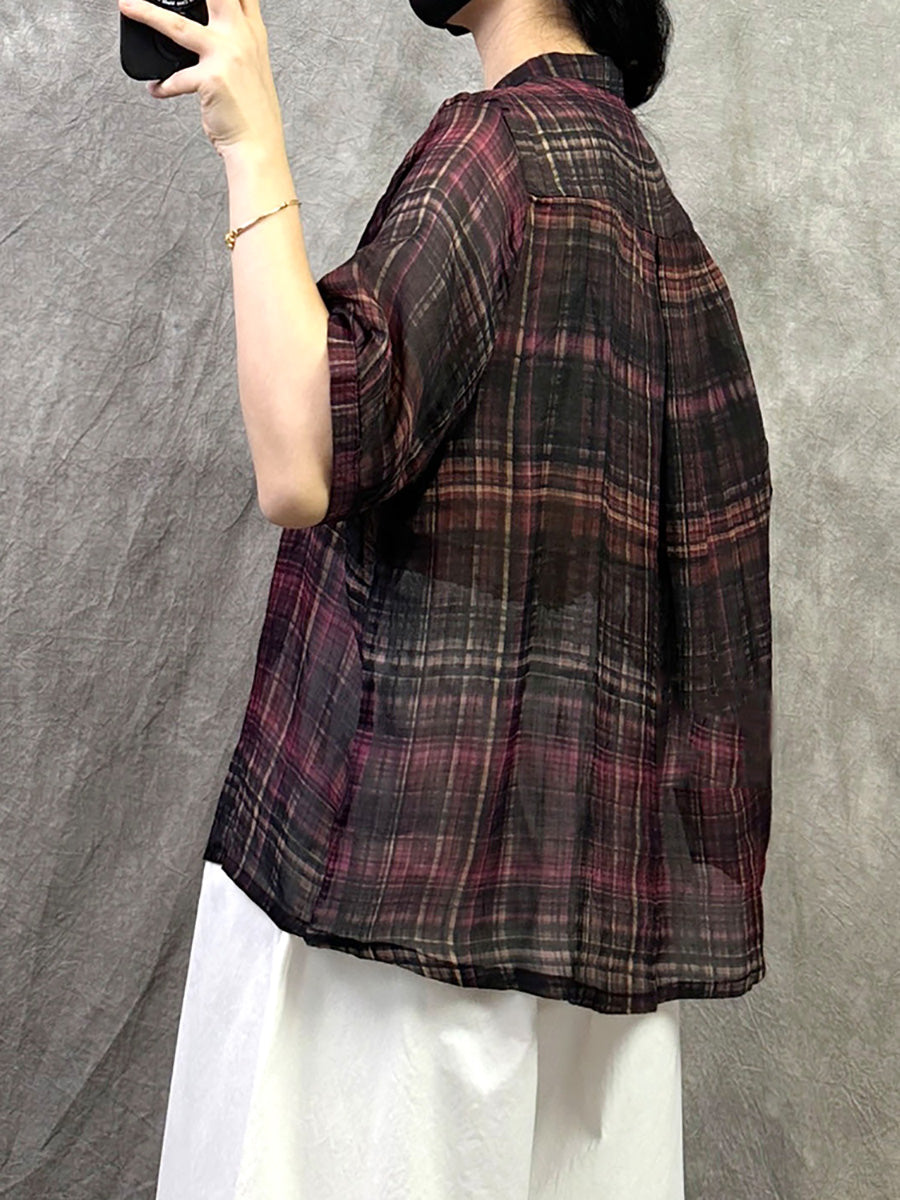 Retro Shirt Women Summer V-Neck Plaid Ramie FashionChic
