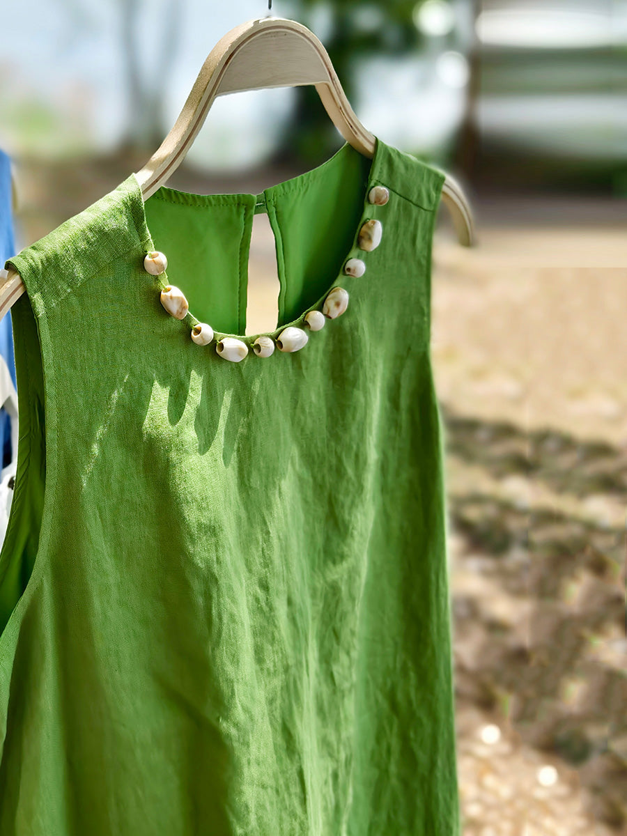 Women Sleeveless Summer 100%Linen Dress O-Neck FashionChic