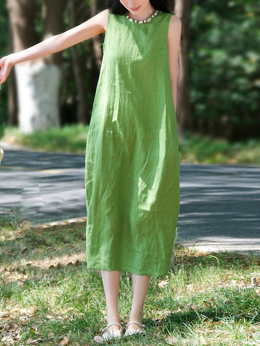 Women Sleeveless Summer 100%Linen Dress O-Neck FashionChic