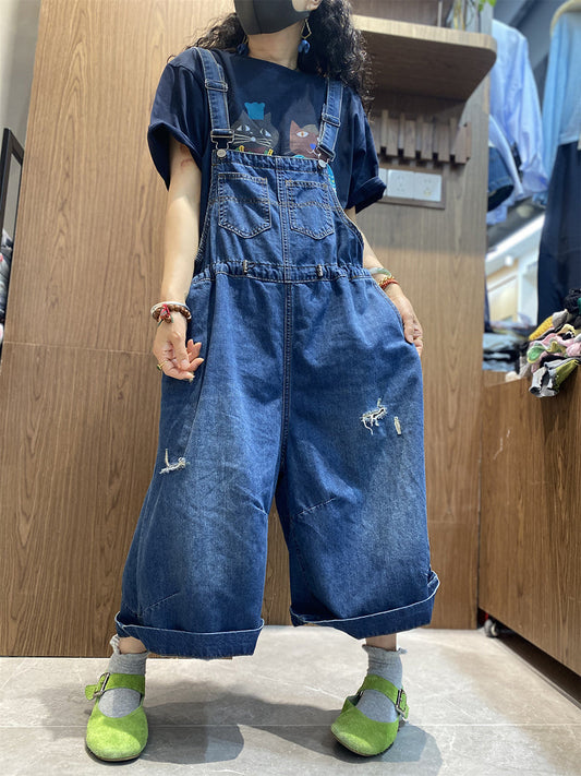 Color Women Retro Summer Jumpsuits Denim Pure Frayed Long FashionChic