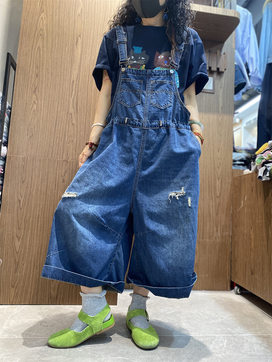 Color Women Retro Summer Jumpsuits Denim Pure Frayed Long FashionChic