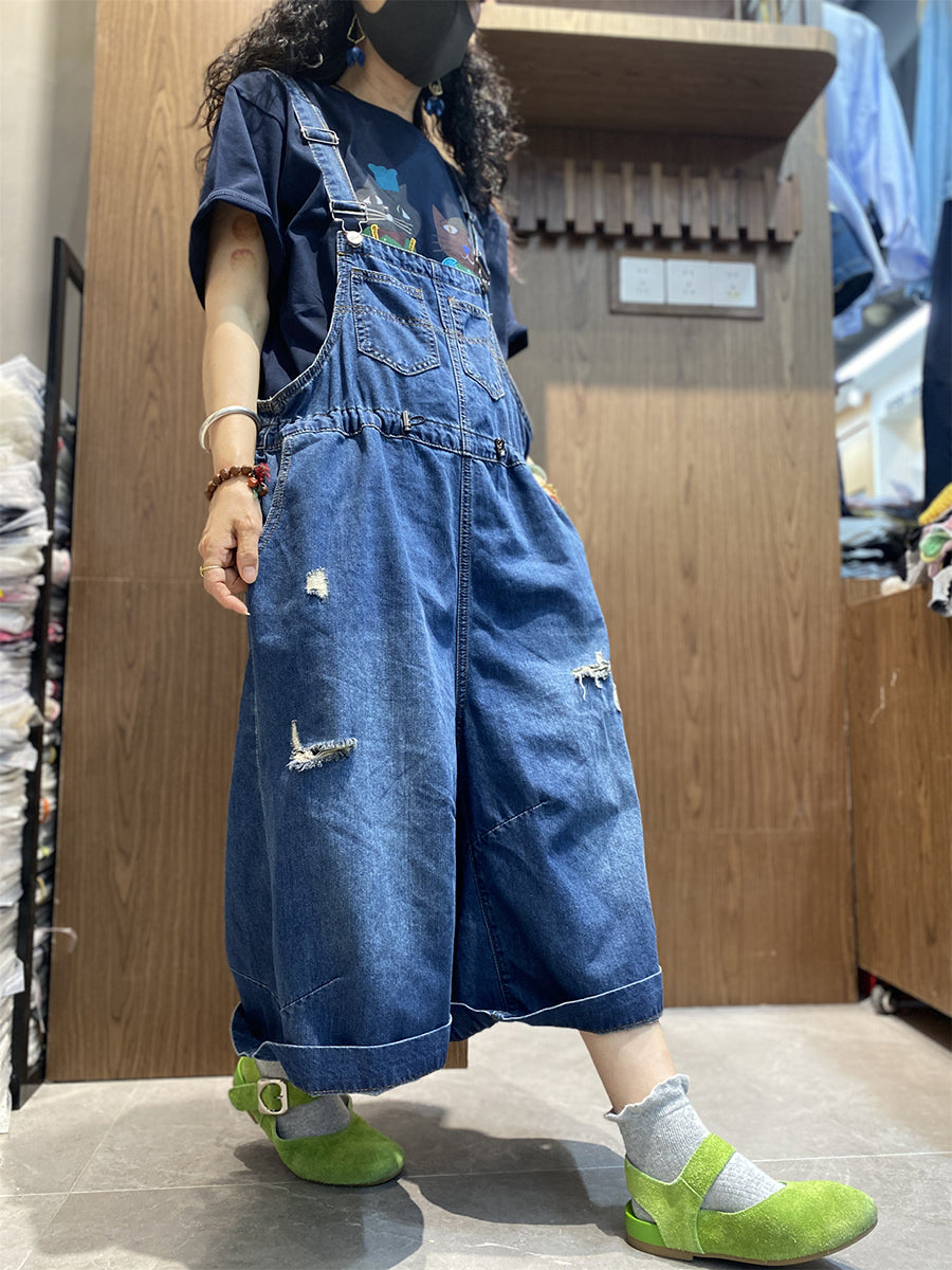 Color Women Retro Summer Jumpsuits Denim Pure Frayed Long FashionChic