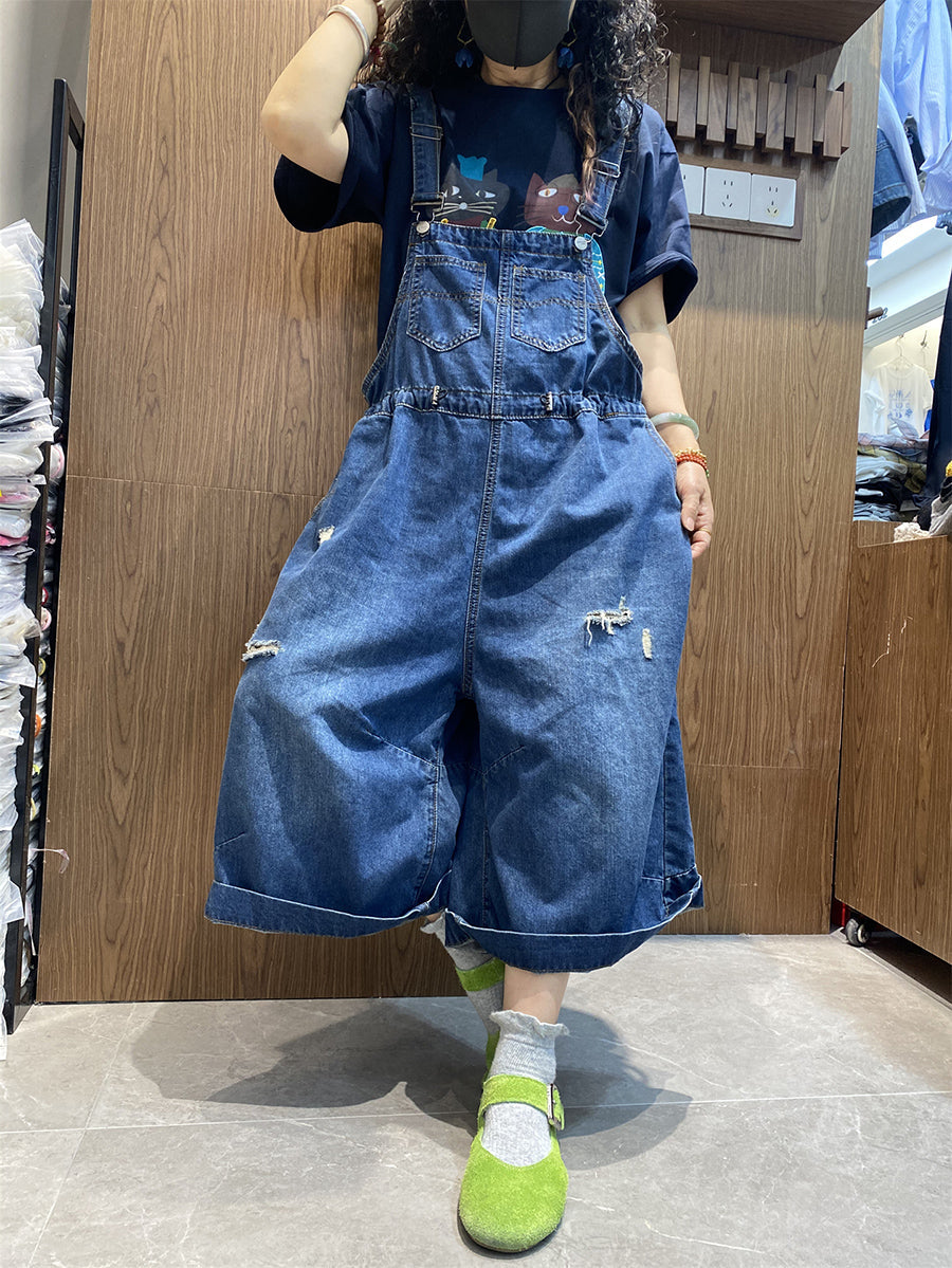 Color Women Retro Summer Jumpsuits Denim Pure Frayed Long FashionChic