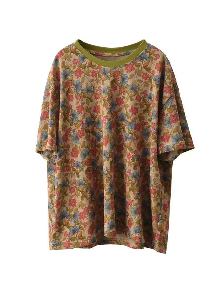 Retro O-Neck 100%Cotton Women Flower Summer Shirt FashionChic