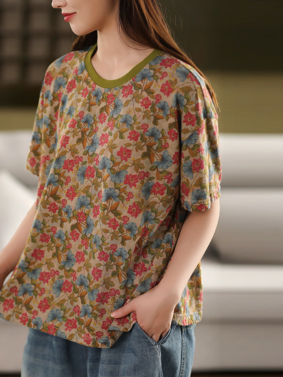 Retro O-Neck 100%Cotton Women Flower Summer Shirt FashionChic