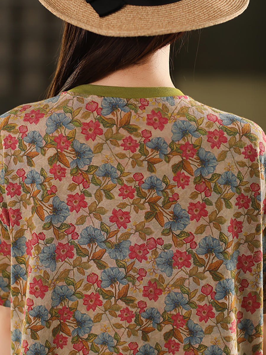 Retro O-Neck 100%Cotton Women Flower Summer Shirt FashionChic
