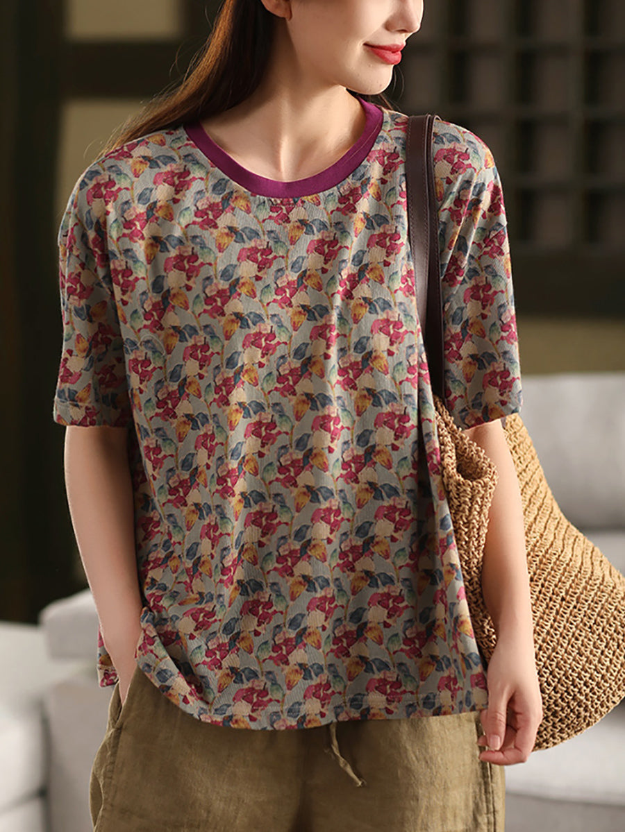 Retro O-Neck 100%Cotton Women Flower Summer Shirt FashionChic