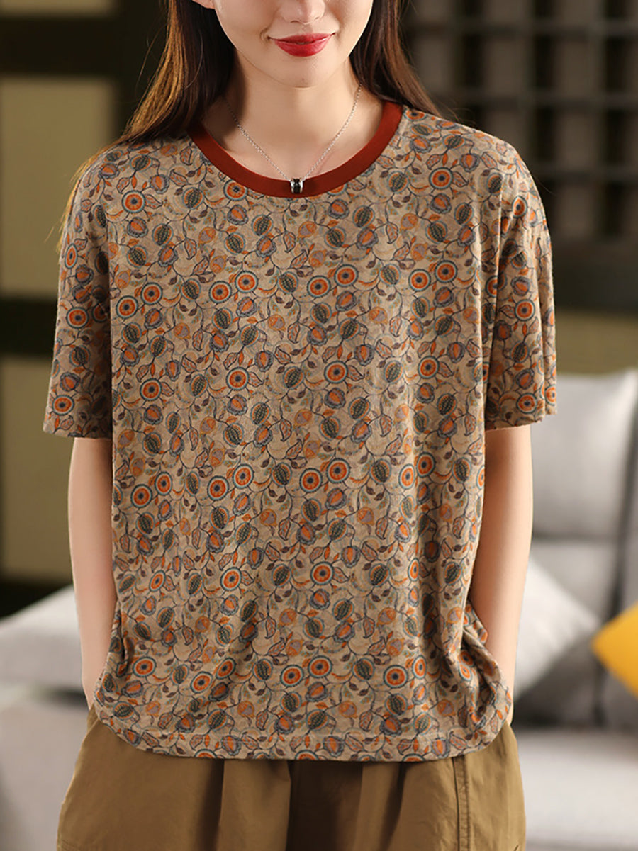 Retro O-Neck 100%Cotton Women Flower Summer Shirt FashionChic