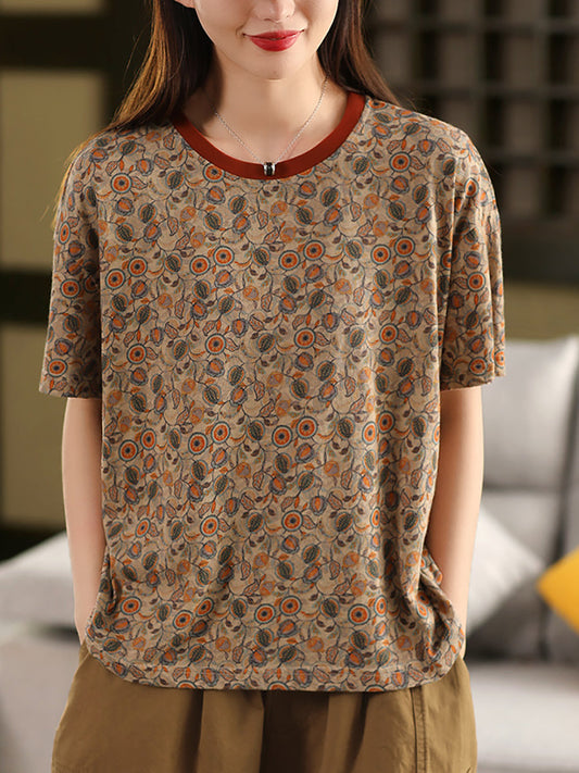 Retro O-Neck 100%Cotton Women Flower Summer Shirt FashionChic