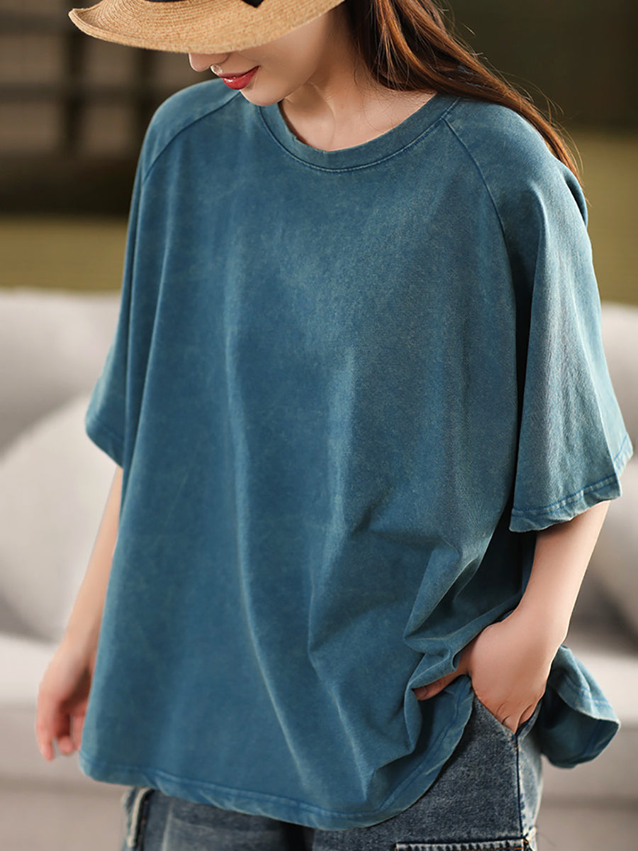 Summer 100%Cotton Women Shirt O-Neck Pure Color Casual FashionChic