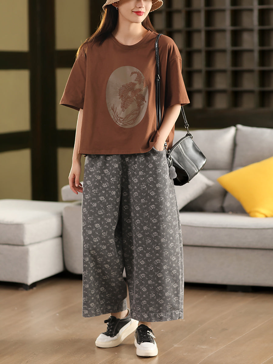 Worn Denim Wide-leg Floral Women Loose Pants FashionChic