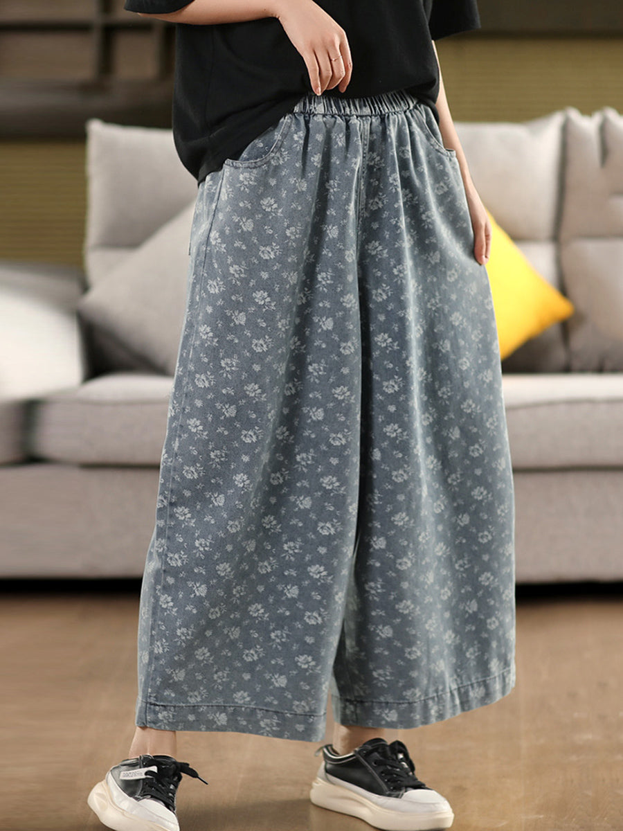 Worn Denim Wide-leg Floral Women Loose Pants FashionChic
