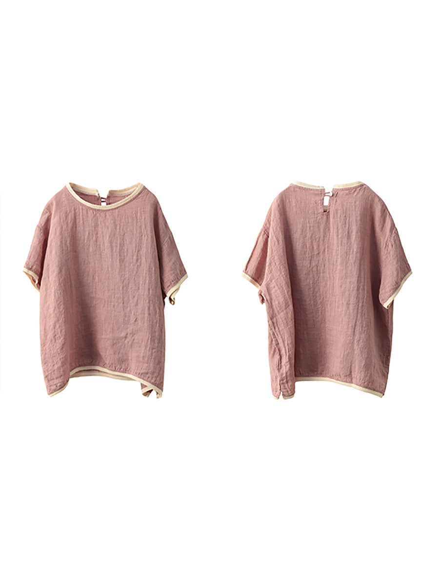 Plaid O-Neck Artsy 100%Hemp Summer Shirt Colorblock Women FashionChic