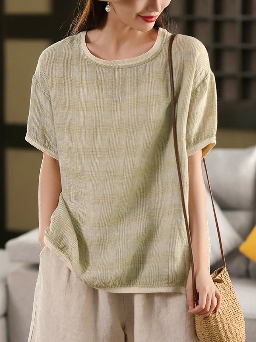 Plaid O-Neck Artsy 100%Hemp Summer Shirt Colorblock Women FashionChic