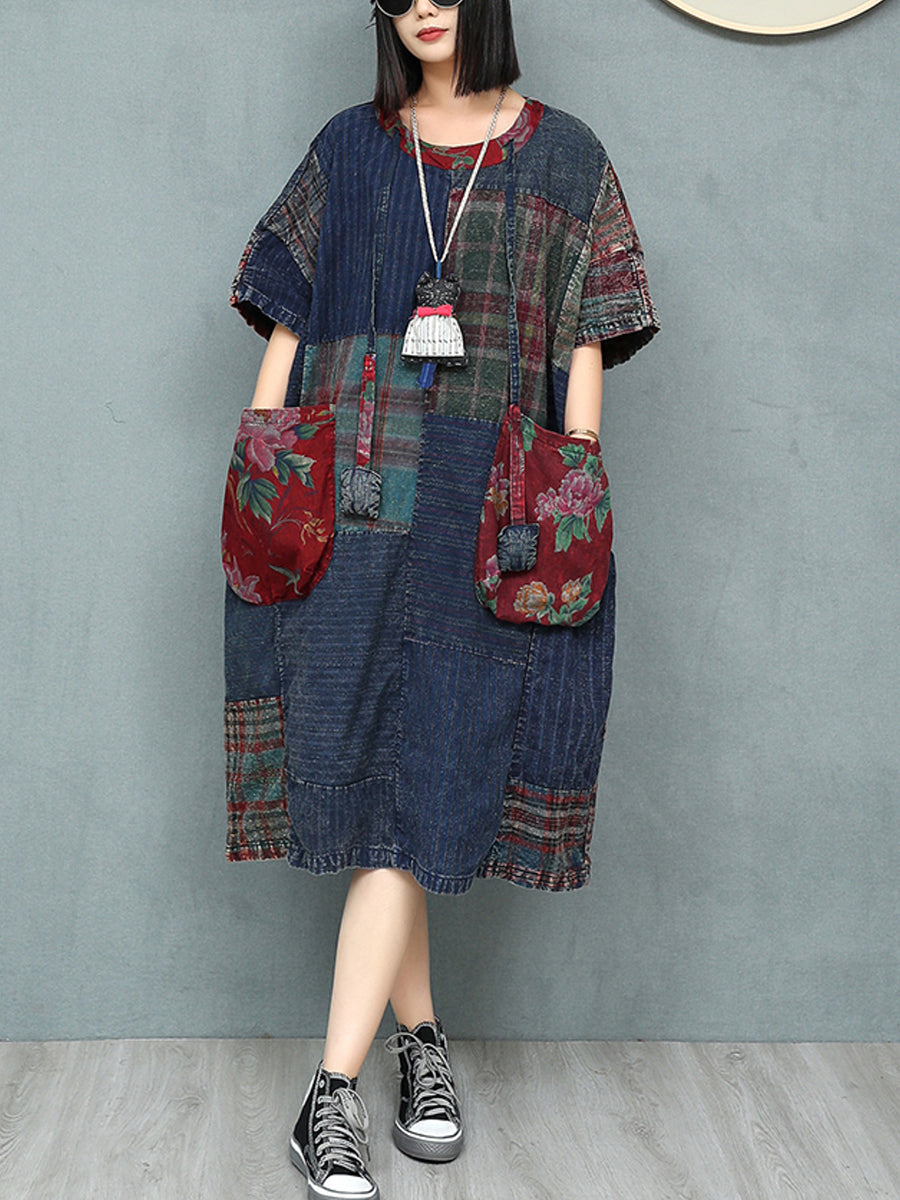Patchwork Cotton Women Summer Retro O-Neck Dress FashionChic