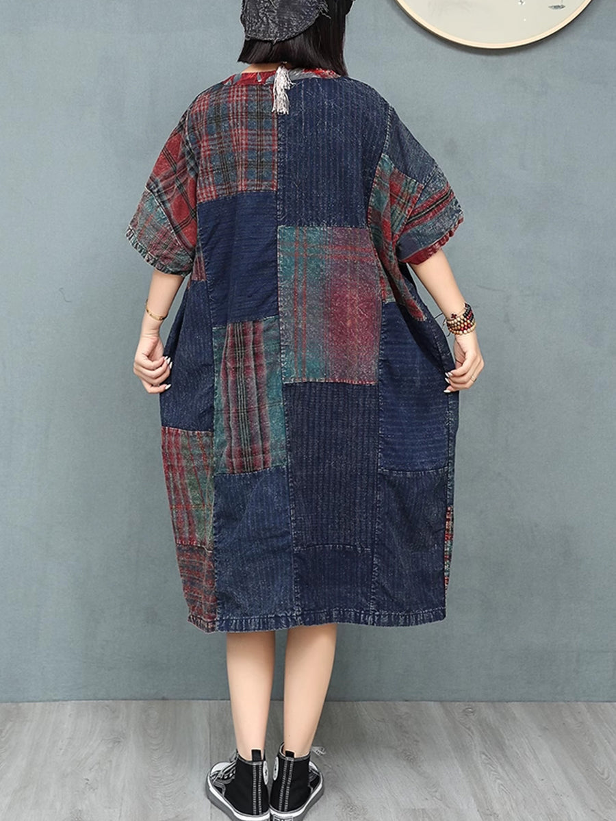 Patchwork Cotton Women Summer Retro O-Neck Dress FashionChic