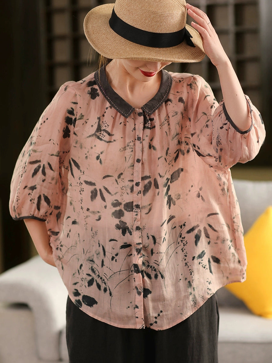 100%Ramie Shirt Summer Turn-down Artsy Collar Flower Women FashionChic