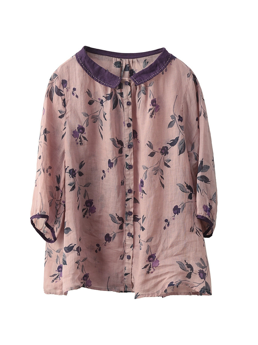 100%Ramie Shirt Summer Turn-down Artsy Collar Flower Women FashionChic