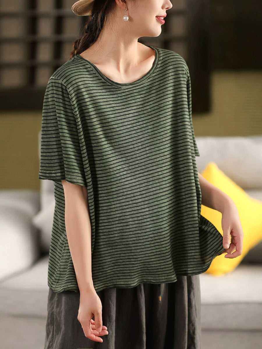Casual Linen Cotton O-Neck Shirt Stripe Summer Women FashionChic