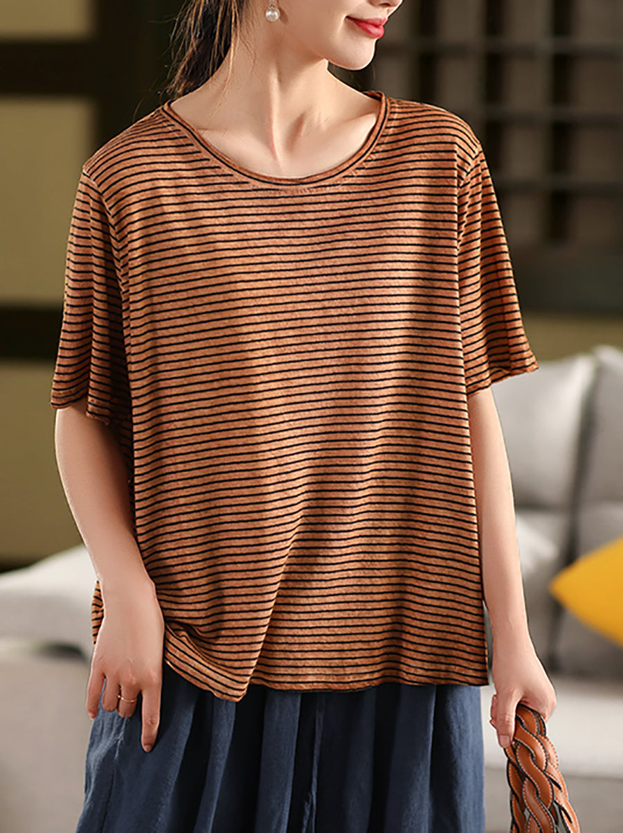 Casual Linen Cotton O-Neck Shirt Stripe Summer Women FashionChic