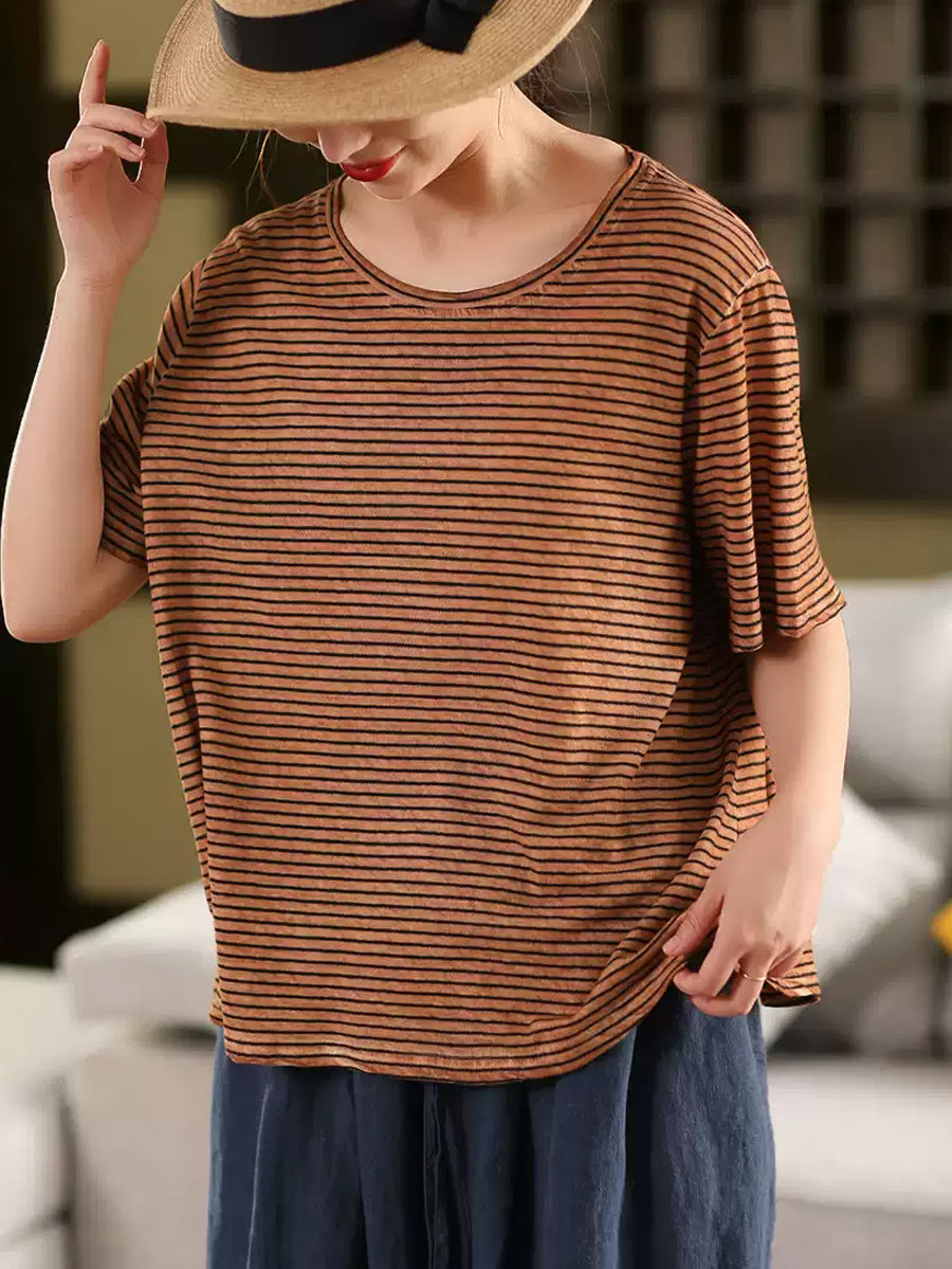 Casual Linen Cotton O-Neck Shirt Stripe Summer Women FashionChic