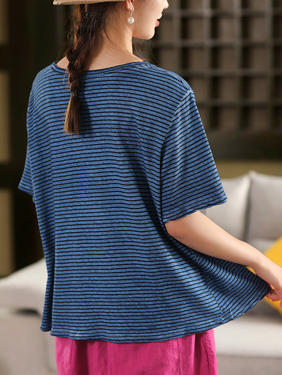 Casual Linen Cotton O-Neck Shirt Stripe Summer Women FashionChic