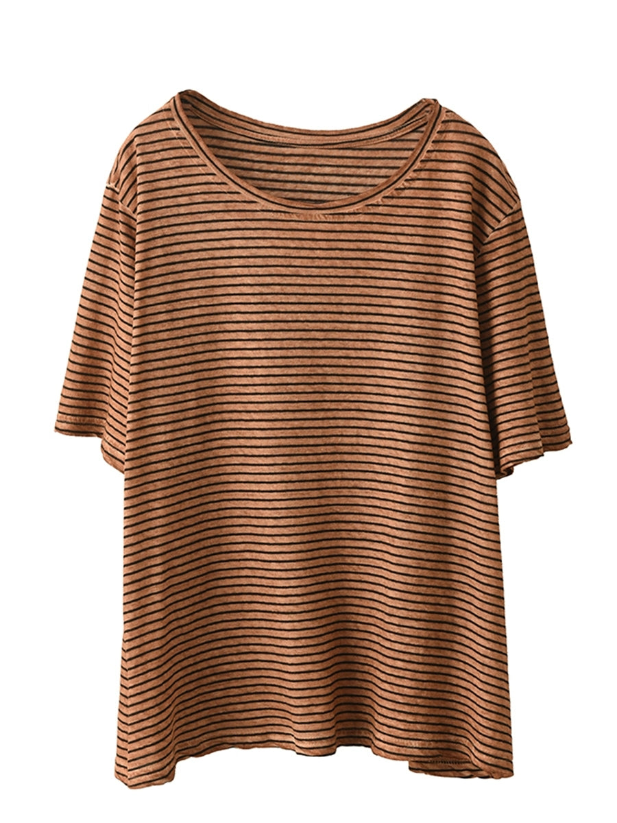 Casual Linen Cotton O-Neck Shirt Stripe Summer Women FashionChic