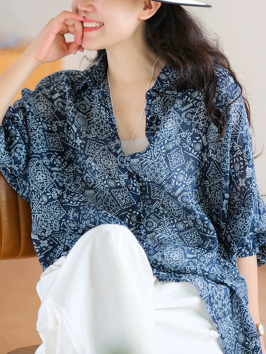 Shirt Print Women Collar Summer Turn-down Artsy 100%Ramie FashionChic