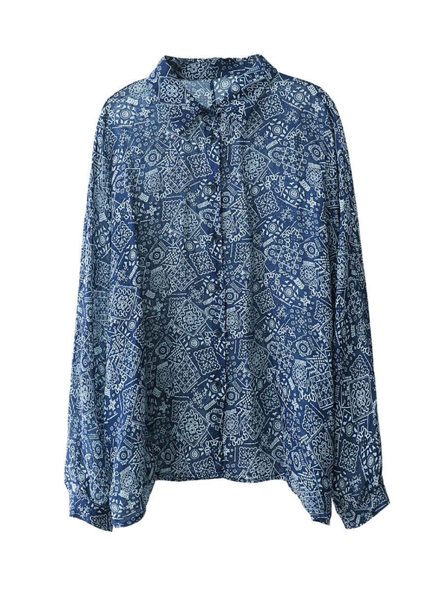 Shirt Print Women Collar Summer Turn-down Artsy 100%Ramie FashionChic