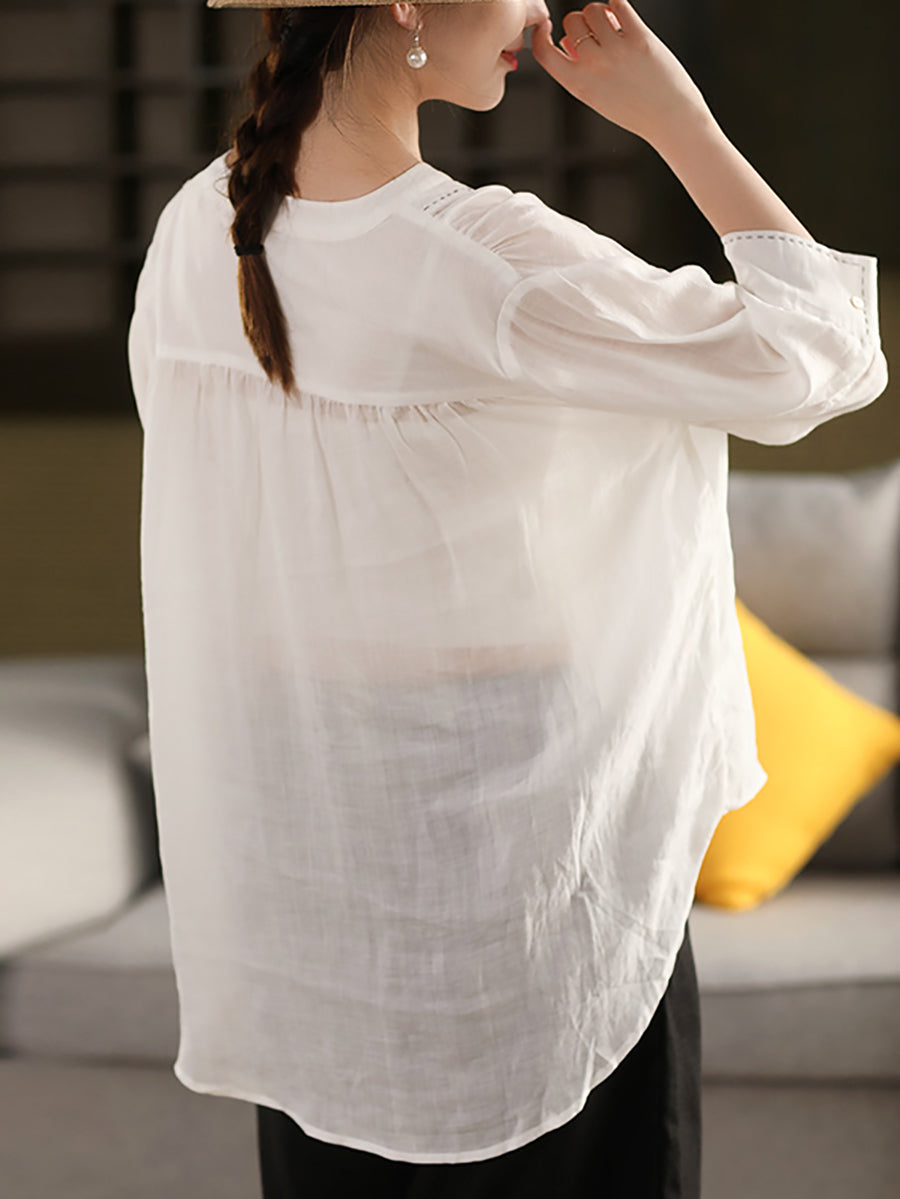Color 100%Linen Summer V-Neck Pure Shirt Women FashionChic