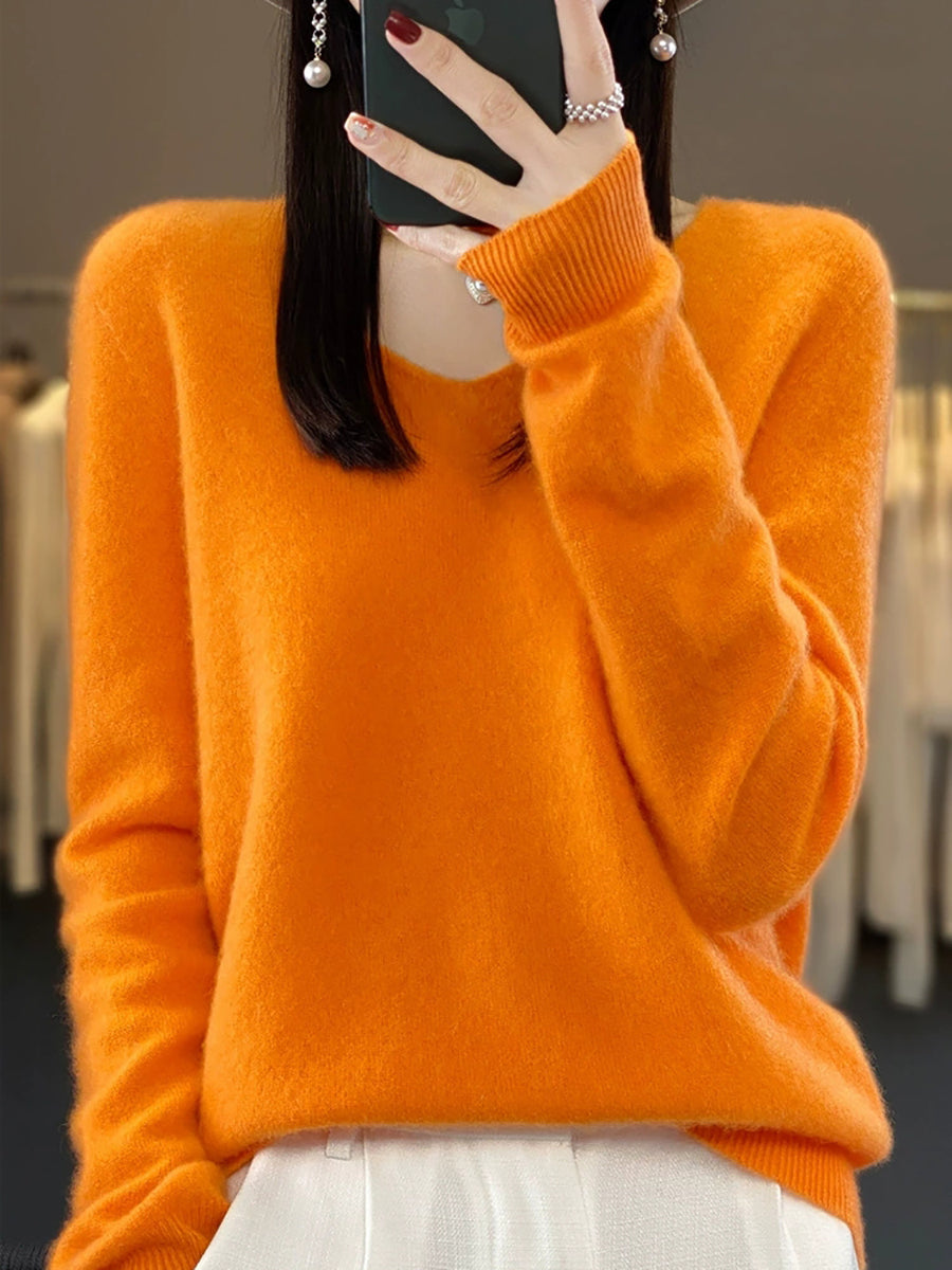 Wool V-Neck Casual Sweater Color Women Autumn Pure FashionChic
