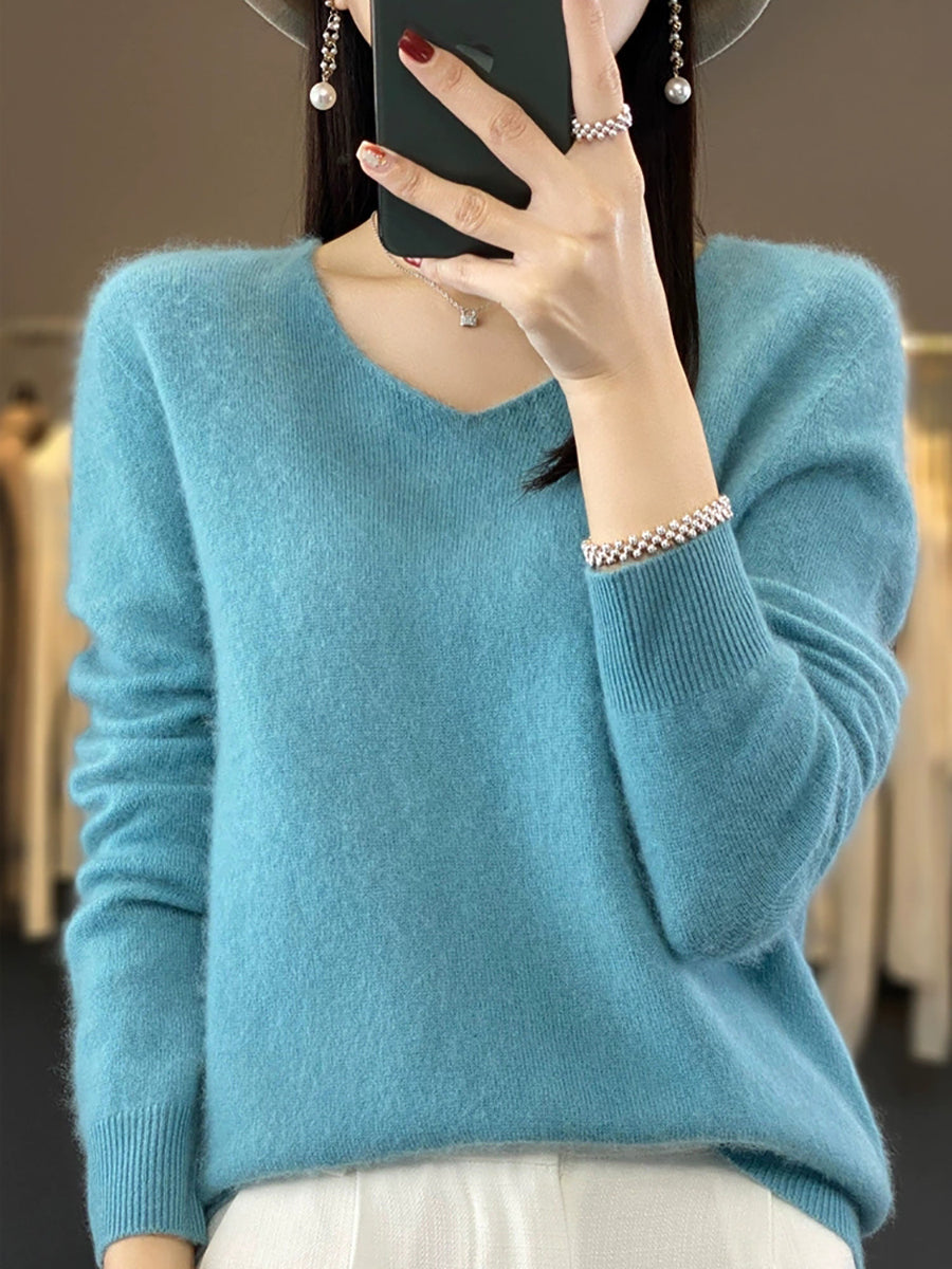 Wool V-Neck Casual Sweater Color Women Autumn Pure FashionChic