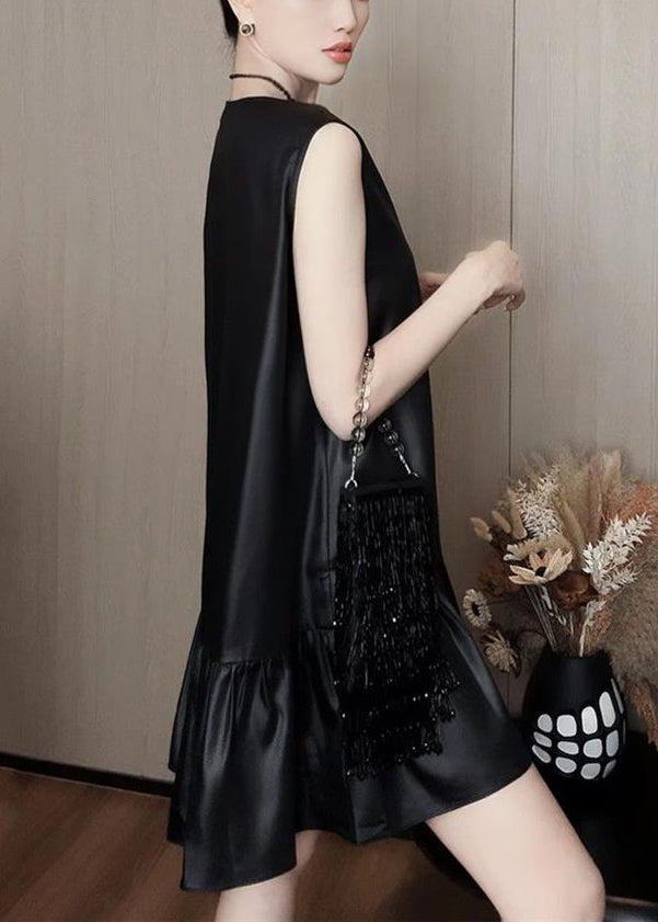 New Black V Neck Solid Silk Mid Dress Sleeveless QP033 OL-SDM241001