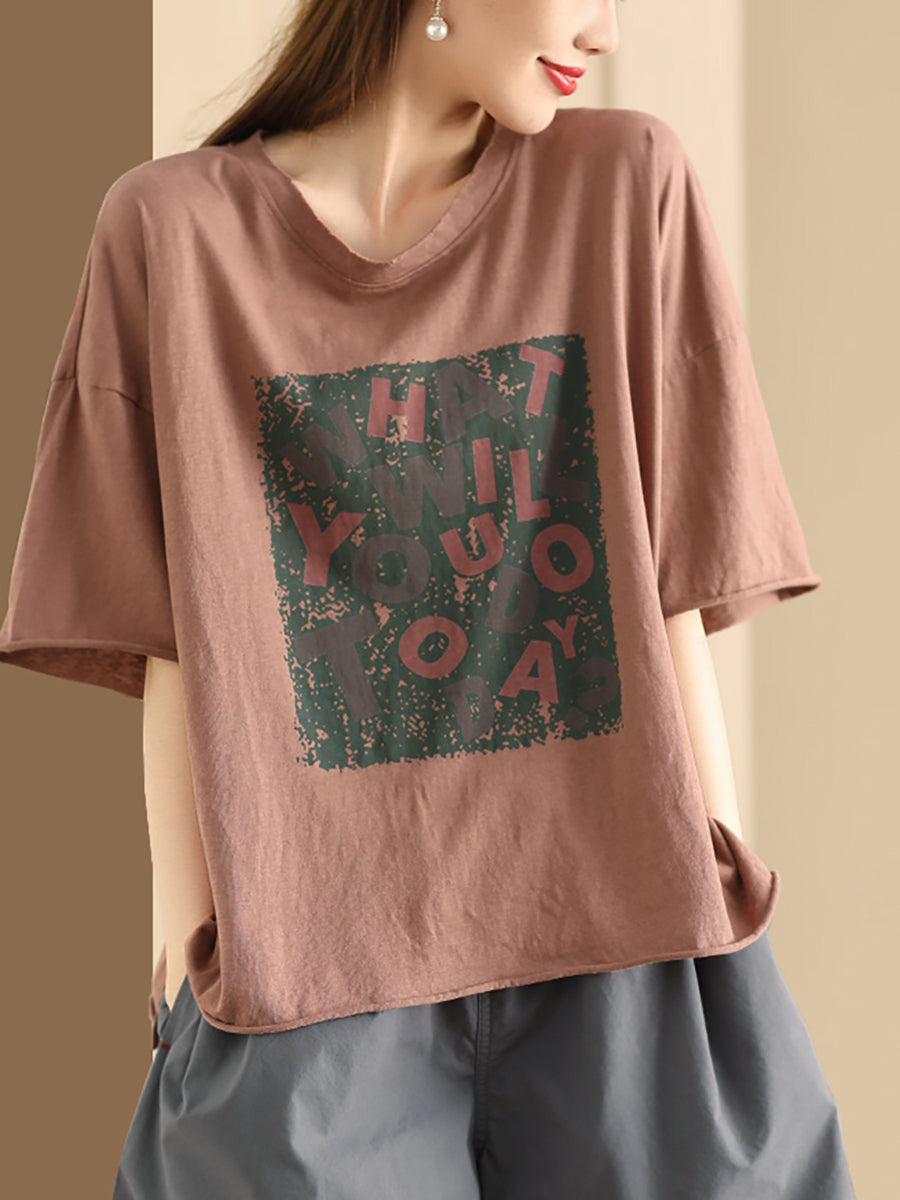 Women Summer Casual Print O-Neck Loose Cotton Shirt ZZ1054 Ada Fashion