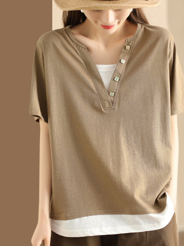 Women Casual Colorblock Pullover V-Neck Cotton Shirt AS1001 Ada Fashion