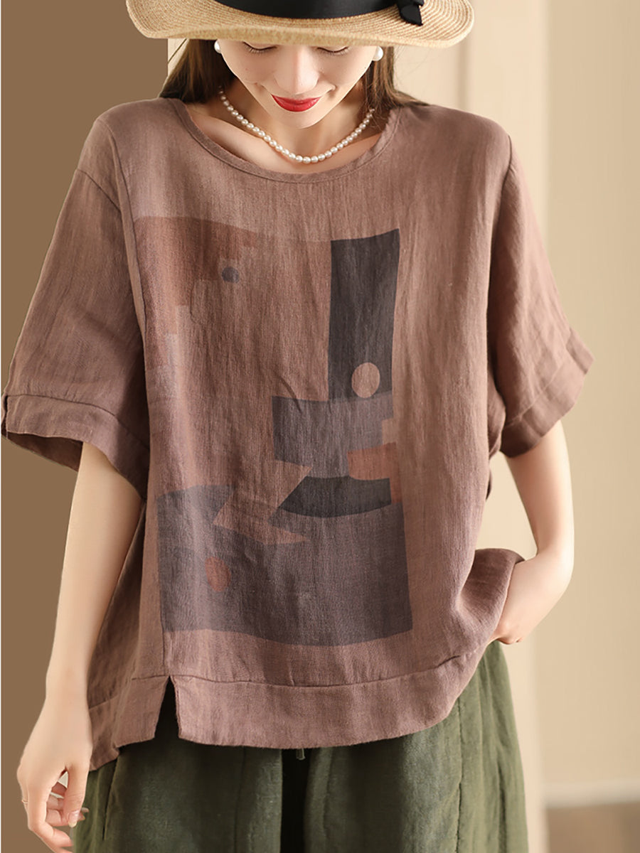 Women Casual Summer Print O-Neck Linen Shirt WE1028 Ada Fashion