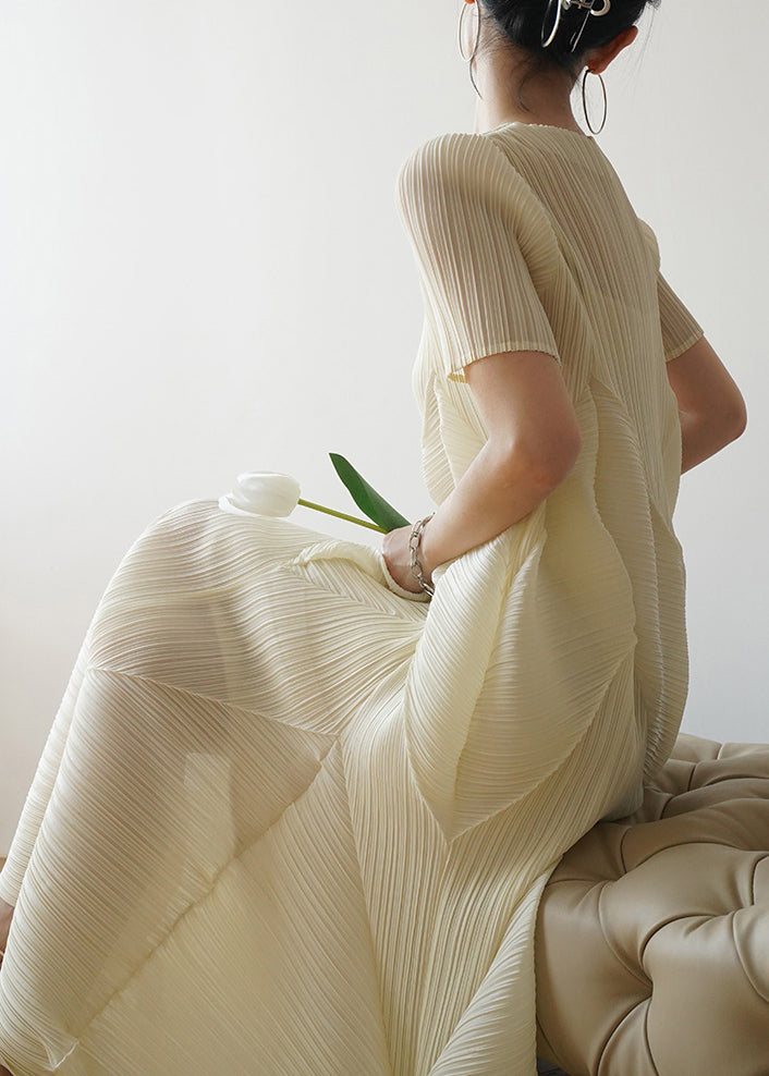 Cotton French Dresses Beige Style Summer Wrinkled FashionChic