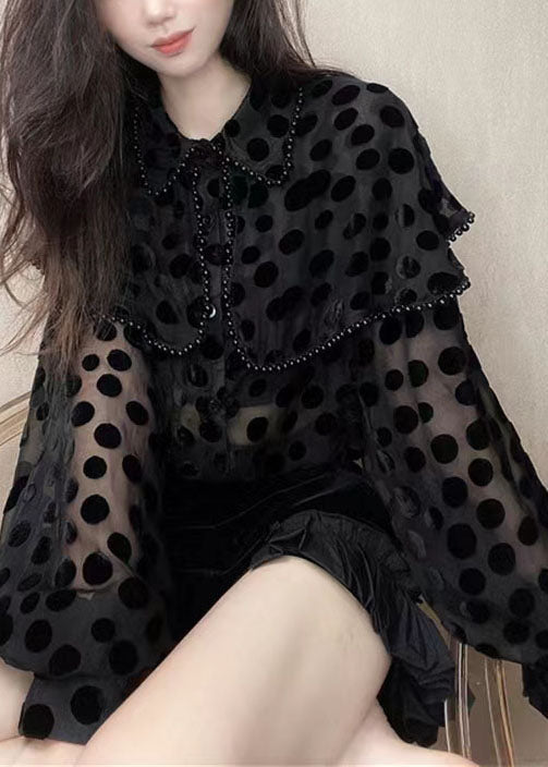 Patchwork Black Unique Velour Blouses Nail Collar Pan Bead Peter FashionChic